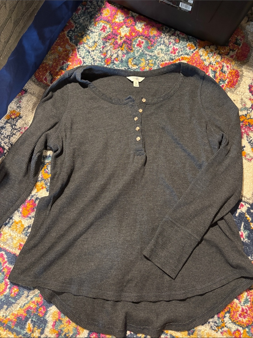 Dark Gray Waffle Henley Long-Sleeve Top
